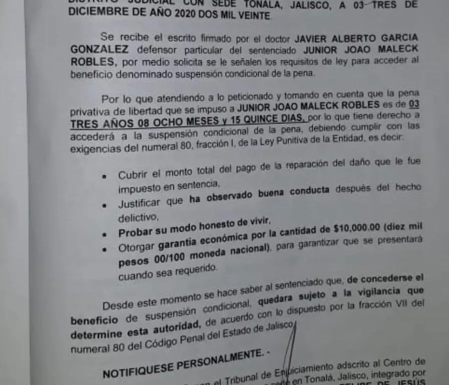 Imagen de la solicitud de libertad para Joao Maleck. Foto de Milenio