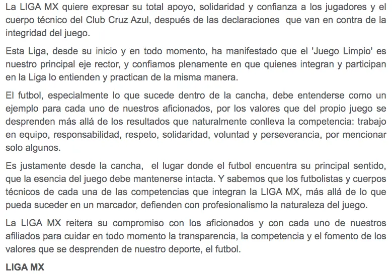 Este es el comunicado completo de la Liga MX (ligamx.net)