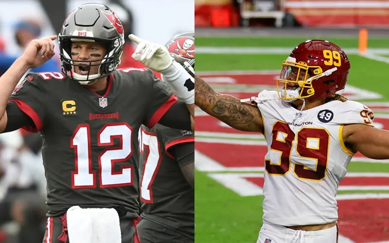 Tom Brady de los Tampa Bay Buccaneers y Chase Young del Washington Football Team - Twitter @AroundTheNFL