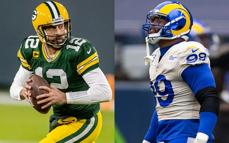 Aaron Rodgers de los Green Bay Packers y Aaron Donald de Los Ángeles Rams - Twitter @AroundTheNFL