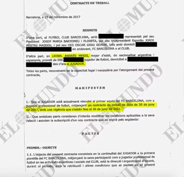 Copia de la primera página del contrato firmado por Lionel Messi en 2017