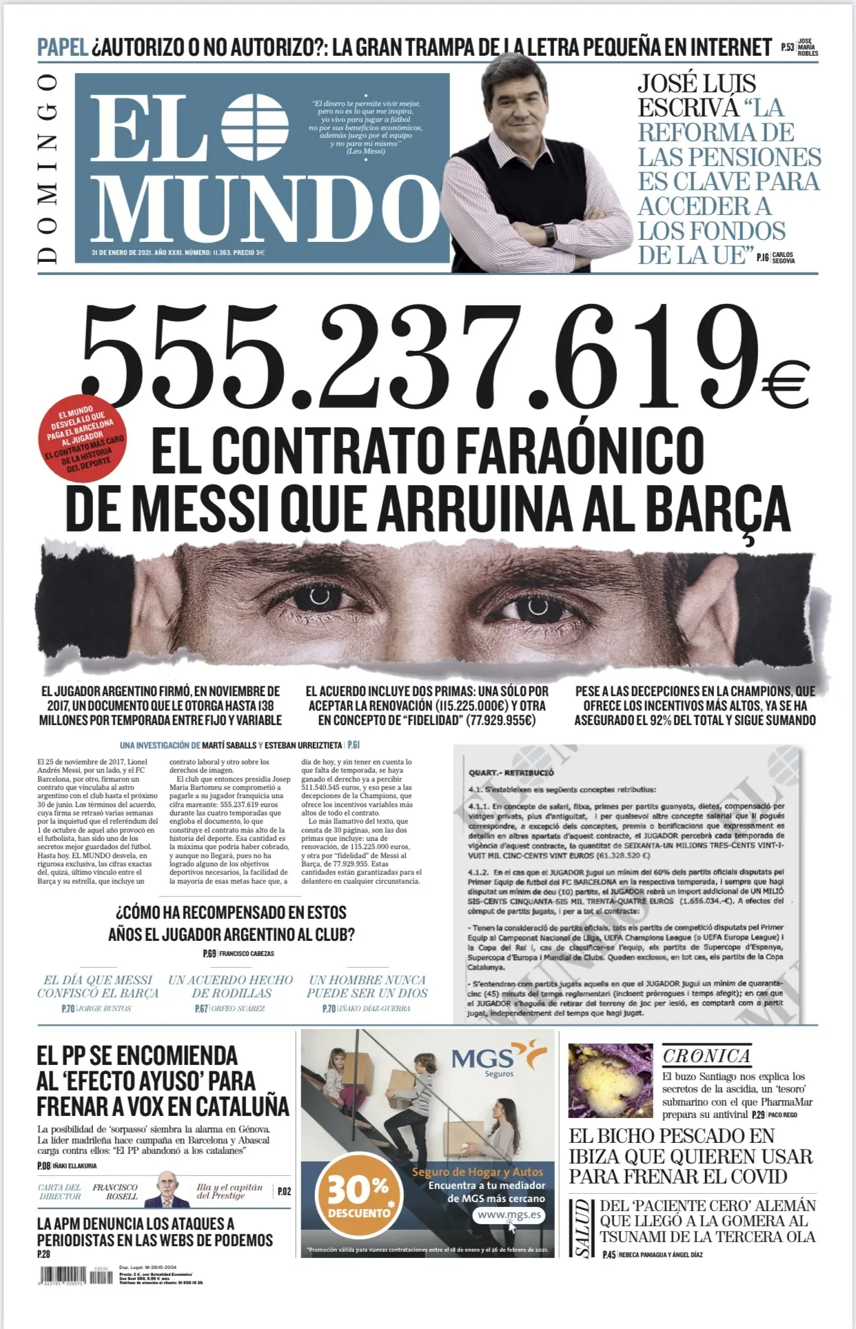 Portada del domingo 31 de enero de 2021 de Diario El Mundo