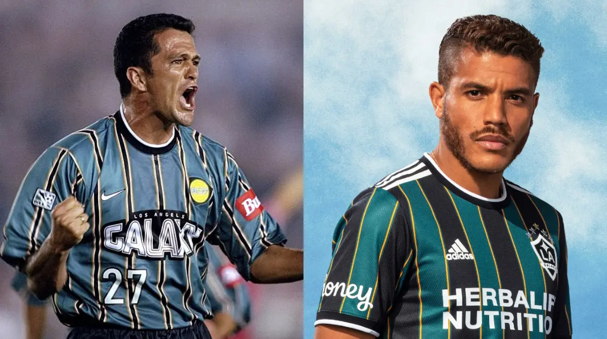 Carlos Hermosillo y Jonathan Dos Santos con el jersey del Galaxy - Pinterest / @LAGalaxy