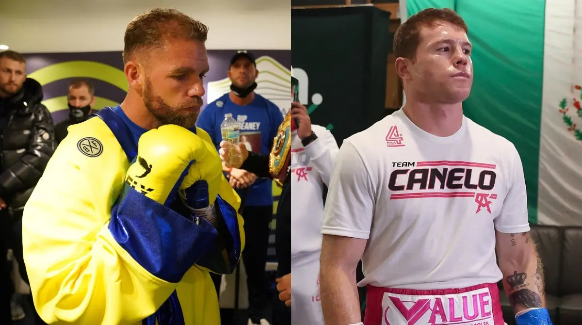 Billy Joe Saunders y Saúl Canelo Álvarez previo a sus respectivas peleas - Twitter @MatchroomBoxing