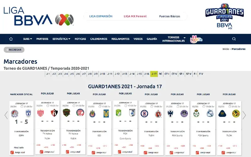 Chivas vs Tigres en la página oficial de la Liga MX - (Captura de pantalla)