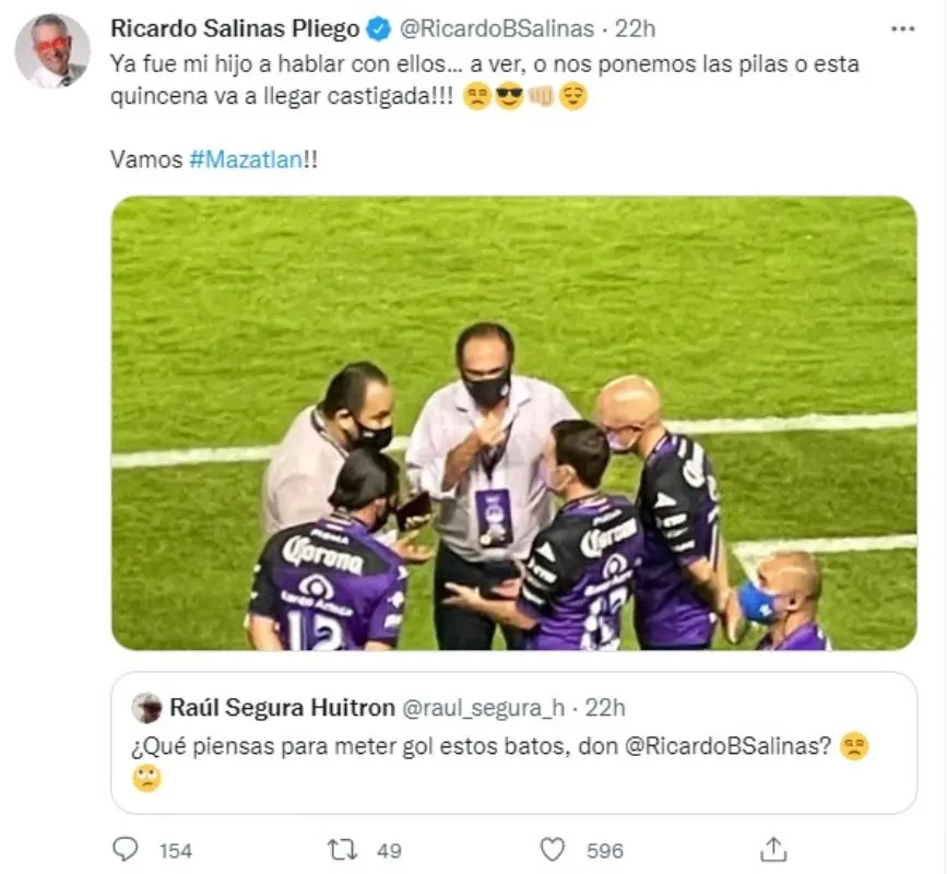 El propietario del Mazatlán ironizó con castigar el sueldo de los futbolistas. Foto: Twitter.