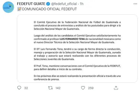 El entrenador mexicano fue anunciado a través de las redes sociales de la Selección de Guatemala. Foto: Twitter @fedefut_oficial
