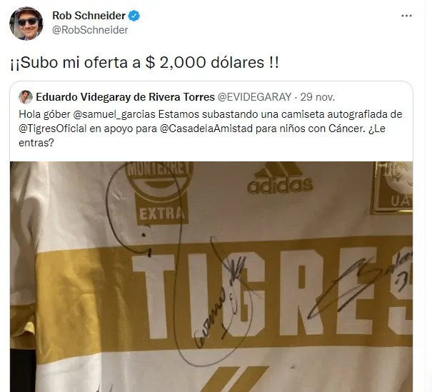 El actor estadounidense en diversas ocasiones ha manifestado su amor por Tigres. Foto: Twitter @RobSchneider