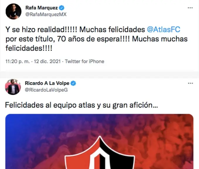Rafael Márquez y Ricardo La Volpe enviaron sus felicitaciones por redes sociales. Foto: Twitter.