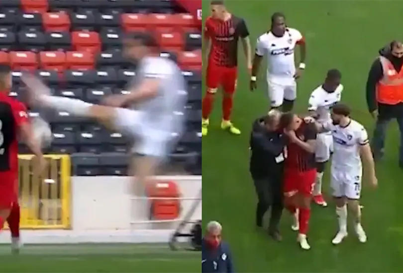 &iexcl;De c&aacute;rcel! Futbolista en Turqu&iacute;a le dio tremenda patada en la cara a su rival
