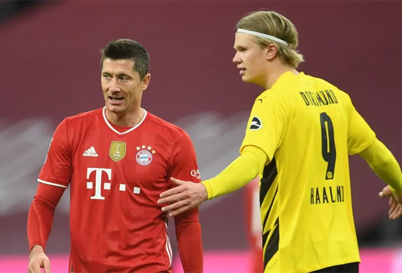 Doblete de Haaland y triplete de Lewandowski en cl&aacute;sico alem&aacute;n de locura
