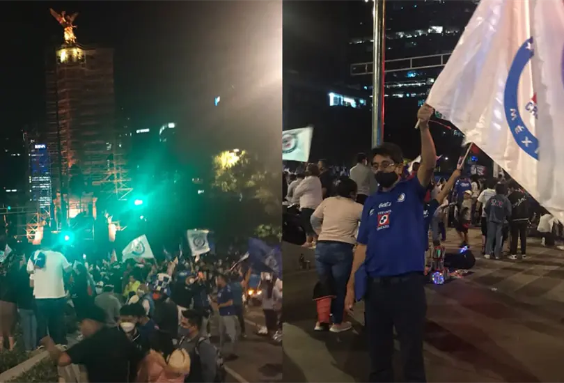 Fans de Cruz Azul se apoderan del &Aacute;ngel para festejar el t&iacute;tulo de la Liga MX