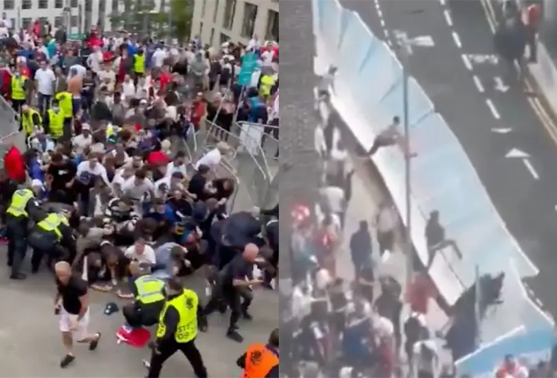 Aficionados ingleses intentan ingresar a Wembley sin boleto y causan caos Aficionados ingleses intentan ingresar a Wembley sin boleto y causan caos