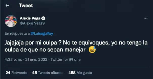 Respuesta de Alexis Vega - Captura de pantalla