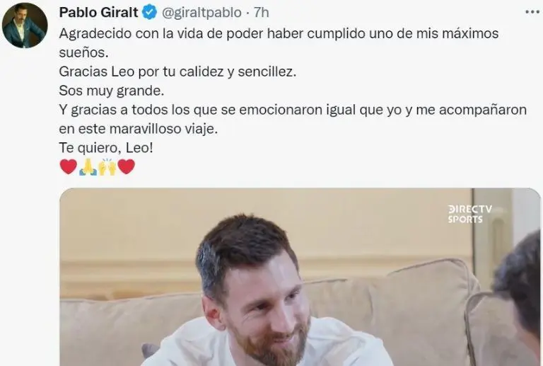 El periodista argentino celebró el mano a mano que tuvo con Messi. Foto: Captura de pantalla.