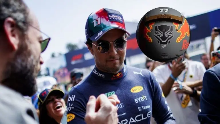 Checo Pérez presentó un casco especial inspirado en Black Panther para el GP de Brasil. Fotos: (Twitter @RedBullRacing/Twitter @SChecoPerez)