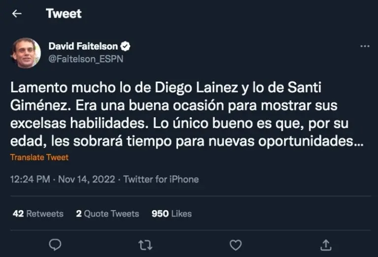 David Faitelson expresó que Diego Lainez y Santiago Giménez tendrán más oportunidades de ir a un Mundial