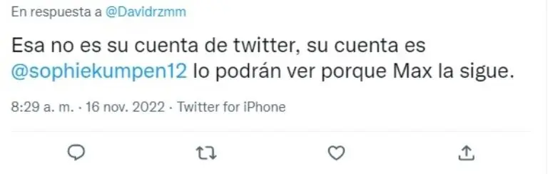 Un usuario de Twitter aseguró que la cuenta de la mamá de Max Verstappen que había sido bloqueada era falsa. Foto: Captura de pantalla.
