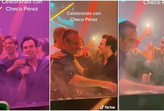 Sergio Checo Pérez celebrando y cantando Cielito Lindo junto a Carlos Slim Domit y Arturo Elías Ayub.