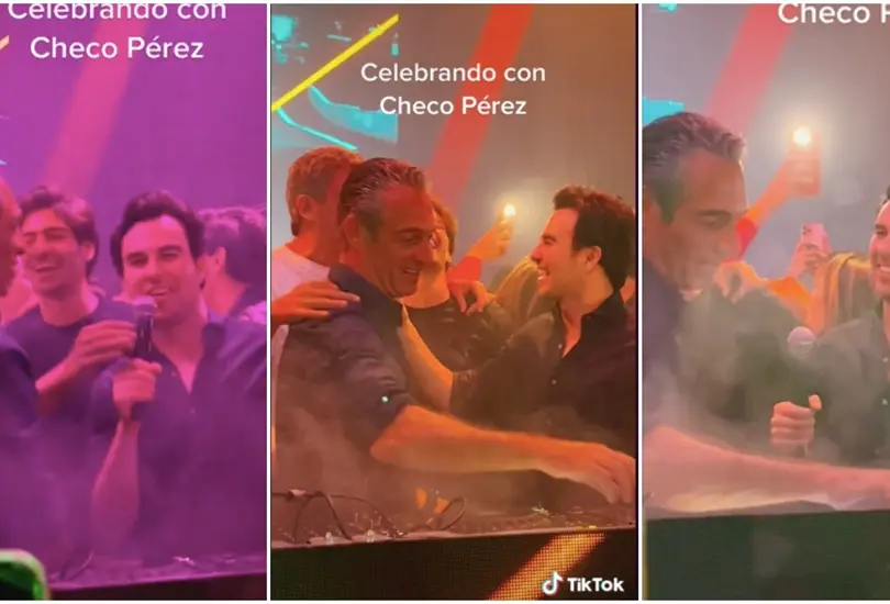 Sergio Checo P&eacute;rez celebrando y cantando Cielito Lindo junto a Carlos Slim Domit y Arturo El&iacute;as Ayub.