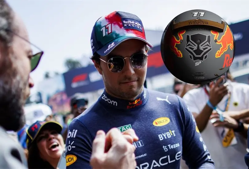 Checo P&eacute;rez present&oacute; un casco especial inspirado en Black Panther