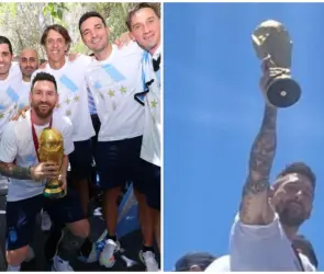¿Era marca patito? Jugadores argentinos celebran frente a aficionados con réplica de Copa del Mundo