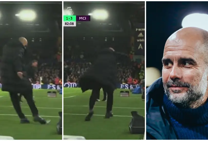 Pep Guardiola protagoniz&oacute; un momento divertido despu&eacute;s de que golpe&oacute; a un miembro de la banca tras patear una botella en victoria del Manchester City.