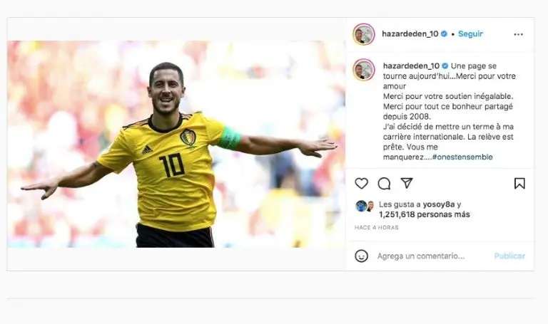 Eden Hazard anunció su retiro de Bélgica en Instagram