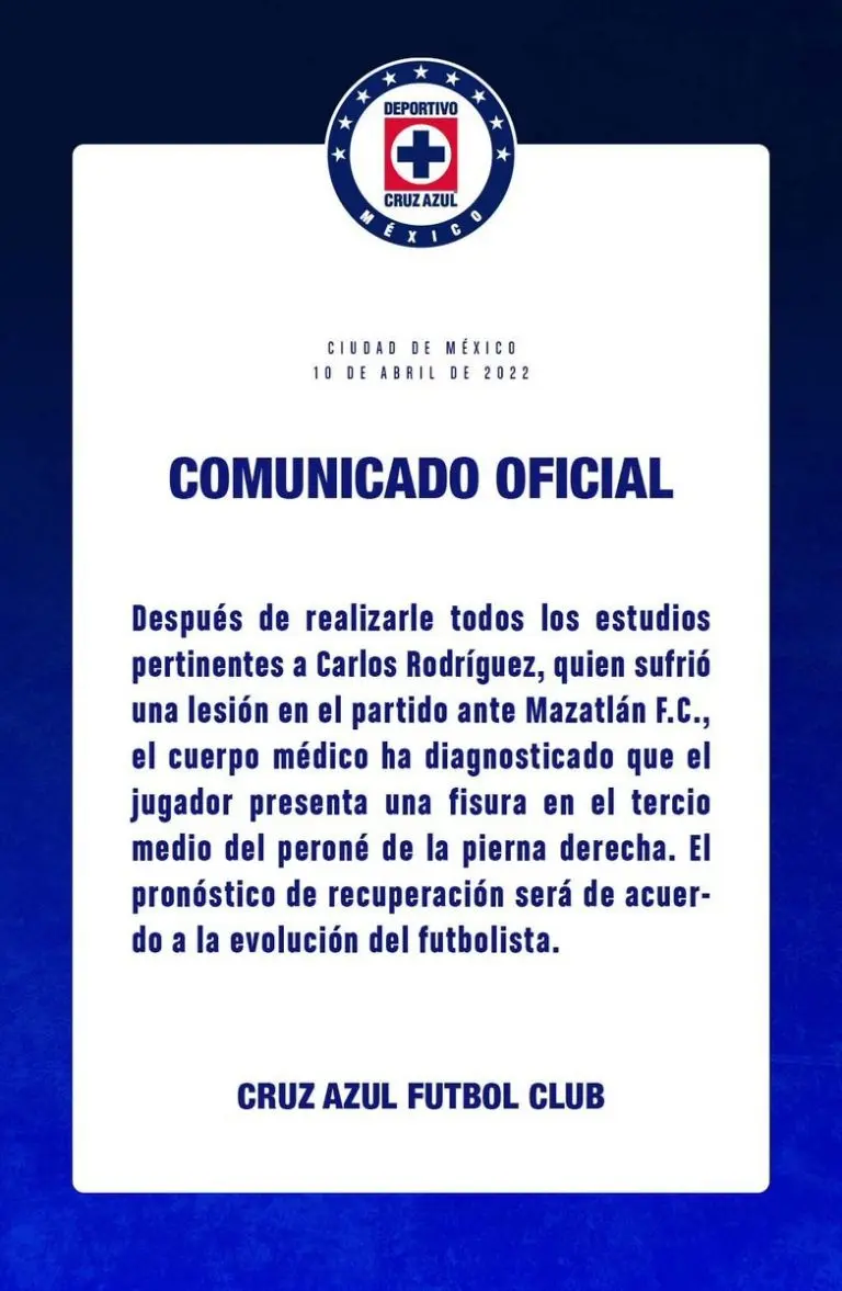 La Máquina ocupó sus redes sociales para notificar la lesión que sufrió el futbolista. Foto: Twitter @cruzazul