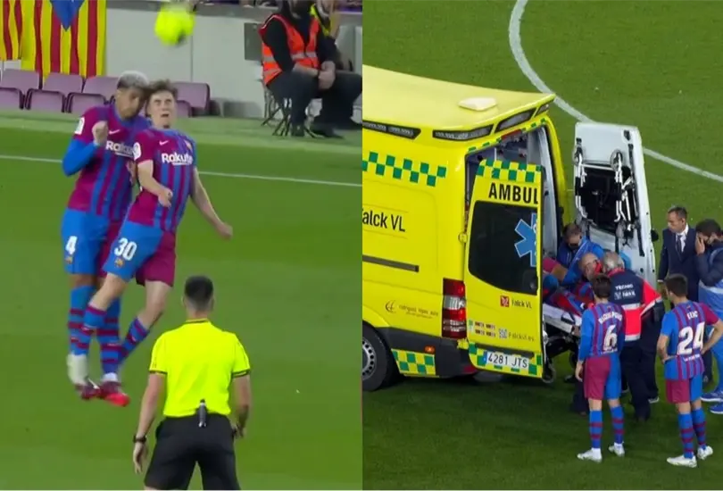 Ronald Araujo choc&oacute; con su compa&ntilde;ero y sigui&oacute; jugando para despu&eacute;s desplomarse en la cancha.