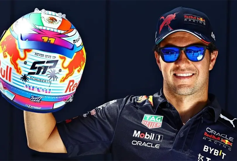 Checo P&eacute;rez y otros pilotos presentaron cascos con dise&ntilde;os especiales para el GP de Miami