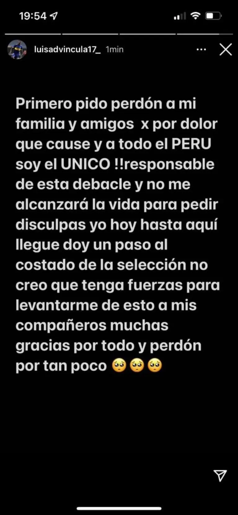 El mensaje que Luis Advincula compartió en redes.