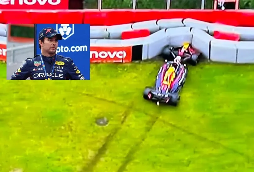 Sergio Checo Pérez sufrió un accidente y tuvo que abandonar el circuito en la Q2. Sergio Checo Pérez sufrió un accidente y tuvo que abandonar el circuito en la Q2.