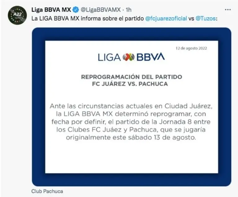 La Liga MX mandó comunicado sobre la suspensión del Bravos vs Pachuca.