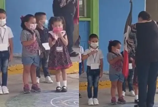 Los niños de un kinder de Nuevo León provocaron las risas de los padres de familia que estuvieron en la ceremonia de honores a la bandera.