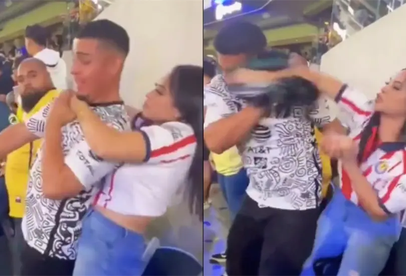 Una aficionada de Chivas fue captada peg&aacute;ndole a un fan del Am&eacute;rica.