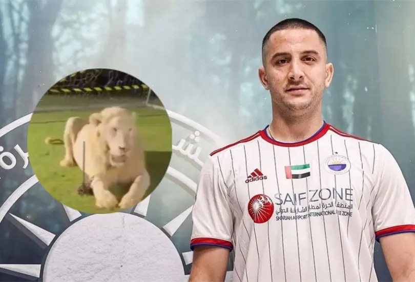 Kostas Manolas fue asustado por un le&oacute;n en la presentaci&oacute;n con su nuevo club.