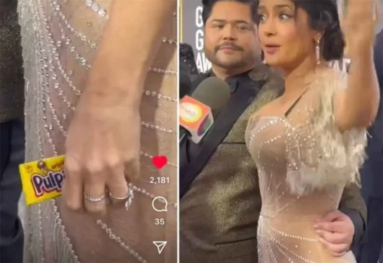 Salma Hayek llamó la atención por los dulces que llevaba en la mano. Foto: Captura de pantalla.