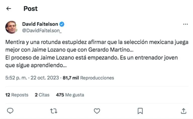 David Faitelson llamó como una mentira que la Selección Mexicana juegue mejor con Jaime Lozano - Captura