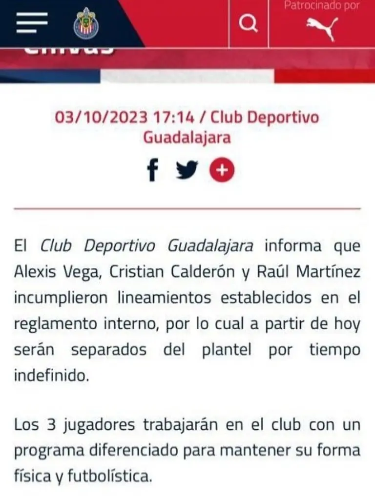 Captura de pantalla del comunicado de Chivas.