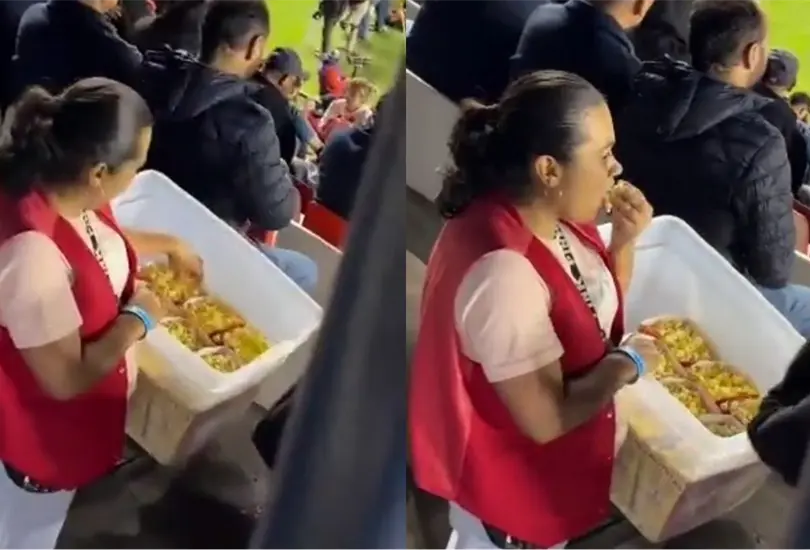 La trabajadora del estadio Alfonso Lastras no se percat&oacute; que la estaban grabando mientras com&iacute;a palomitas.