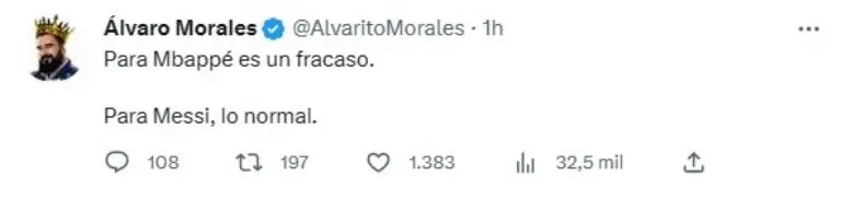 Lionel Messi fue criticado por Álvaro Morales en las redes sociales. Foto: Captura de pantalla.