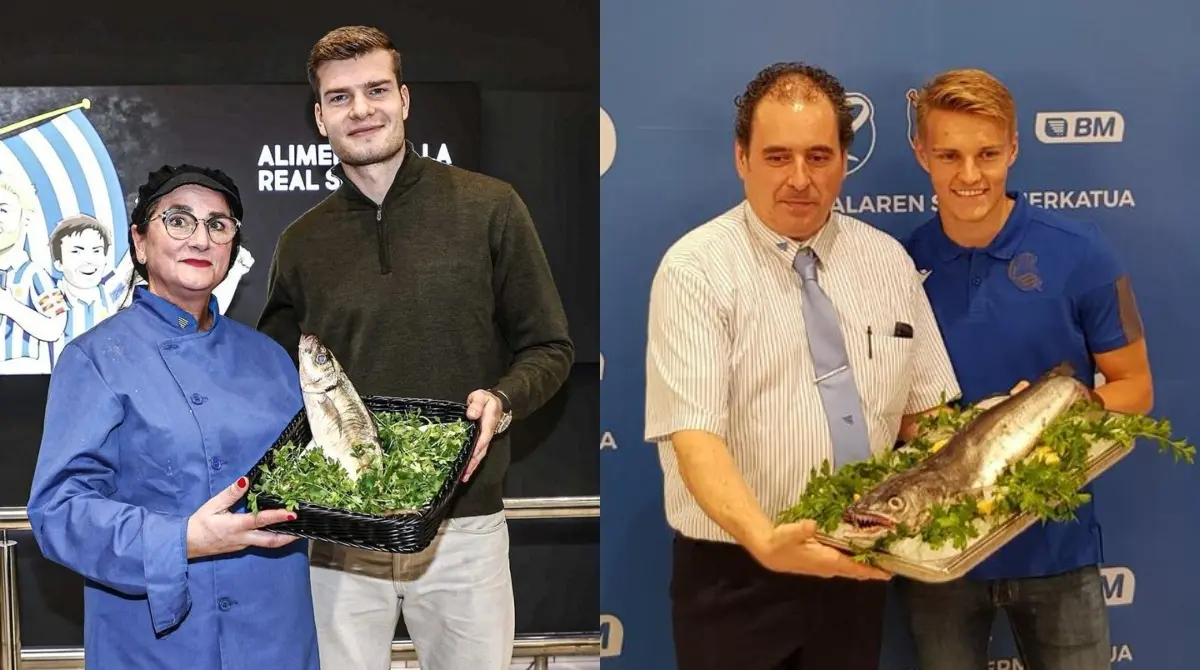 Los que también fueron reconocidos con animales, en este caso para su consumo, fueron los noruegos Alexander Sørloth y Martin Odegaard, quienes recibieron un pescado por parte de la Real Sociedad con todo y bandeja, esto por ser los mejores futbolistas del mes en su debido momento.