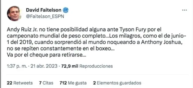 David Faitelson habló sobre Andy Ruiz.