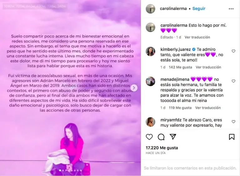 Testimonio de Carolina Lerma en redes sociales - Captura de pantalla