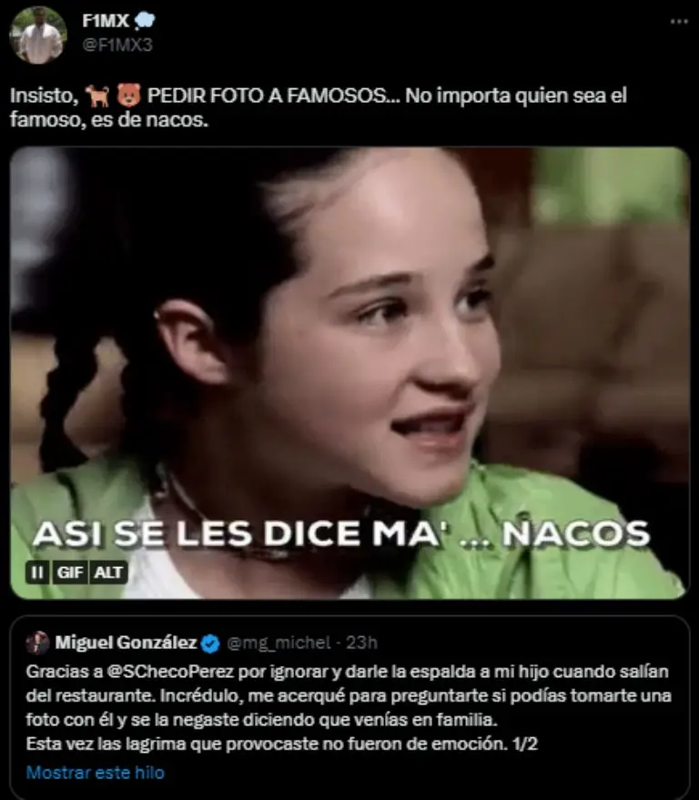 Captura de pantalla de reacciones sobre Miguel González y Checo Pérez.