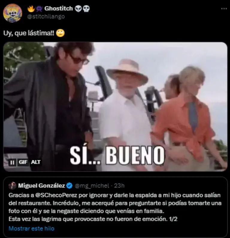 Captura de pantalla de reacciones sobre Miguel González y Checo Pérez.