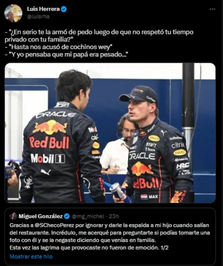 Captura de pantalla de reacciones sobre Miguel González y Checo Pérez.