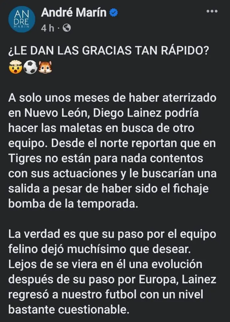 Captura de pantalla del mensaje sobre Diego Lainez y Tigres.