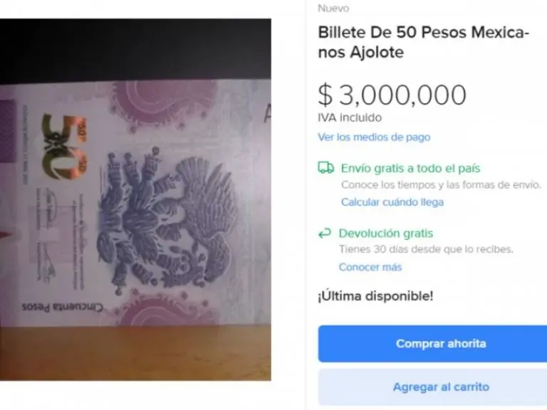El billete de ajolote de 50 pesos mexicanos fue puesto en venta por una millonada en un sitio de internet - Captura de pantalla